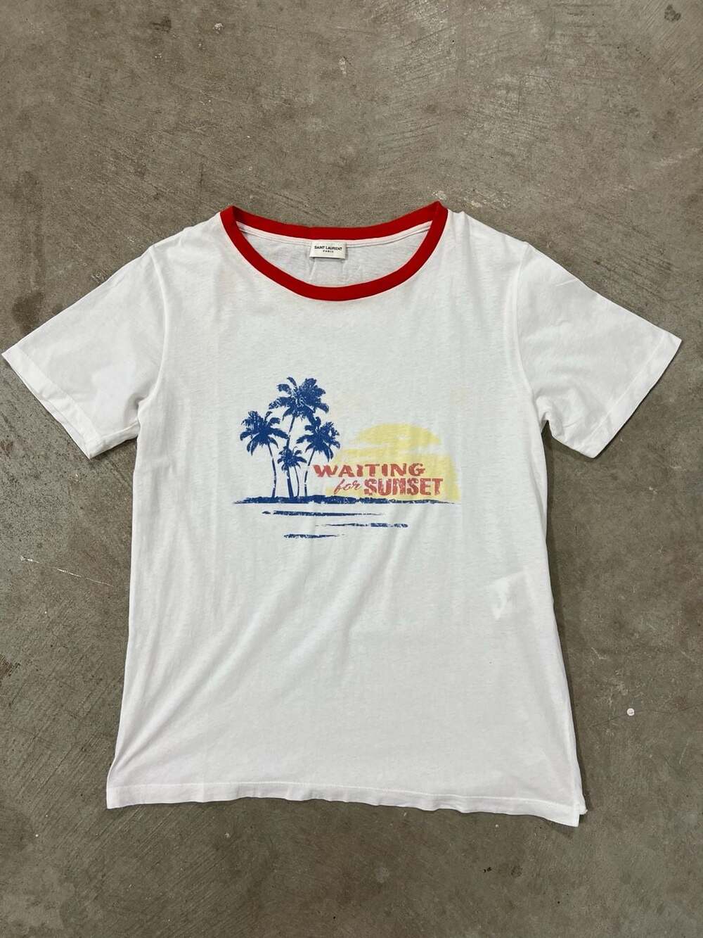 Saint Laurent Paris Waiting for Sunset Palm Tree Ringer T-Shirt White Red XS